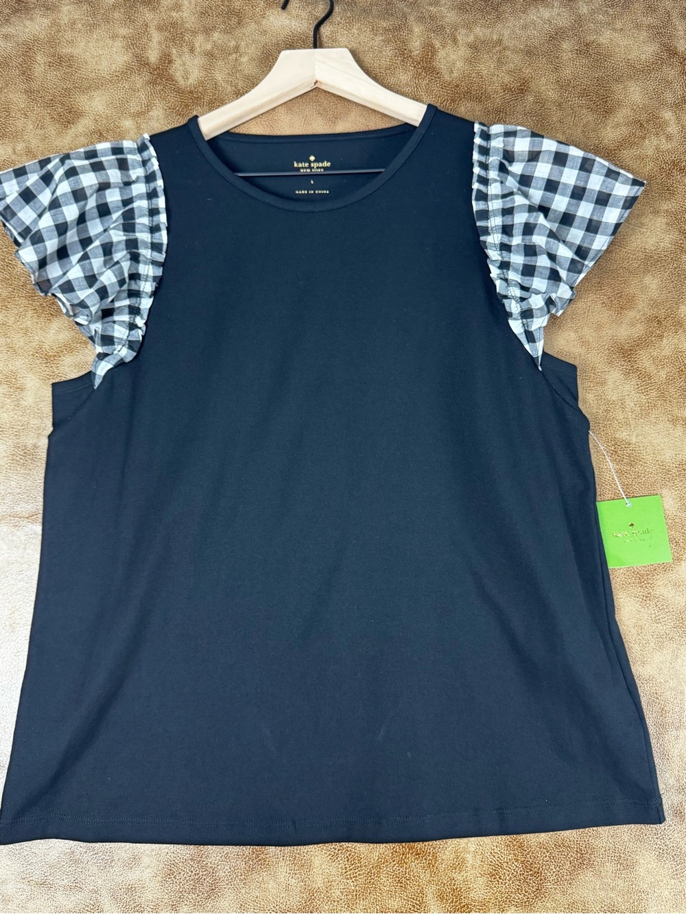 NWT Kate Spade New York Tee Size L Black Gingham Ruffle Sleeves